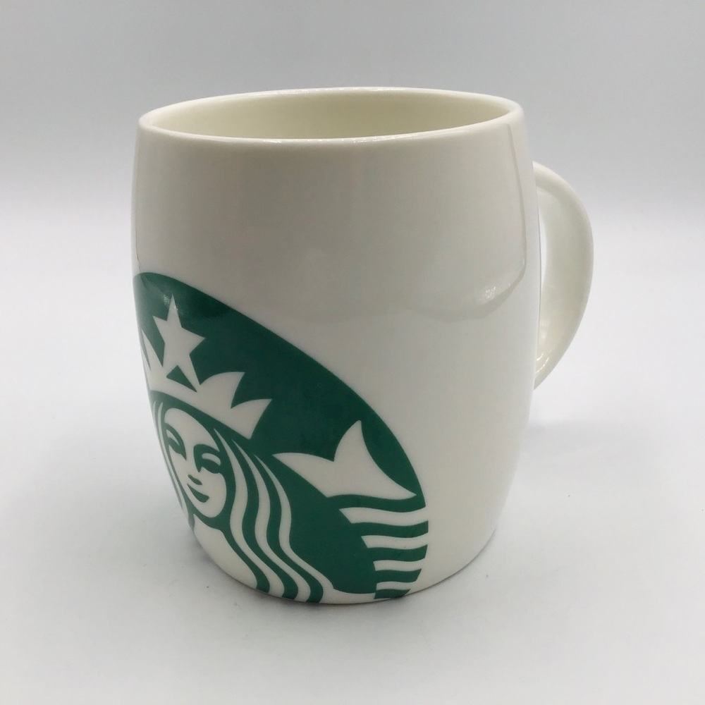 STARBUCKS Coffee Mug Green Siren Mermaid Logo 2010 White Barrel Tea Cup 14 oz
